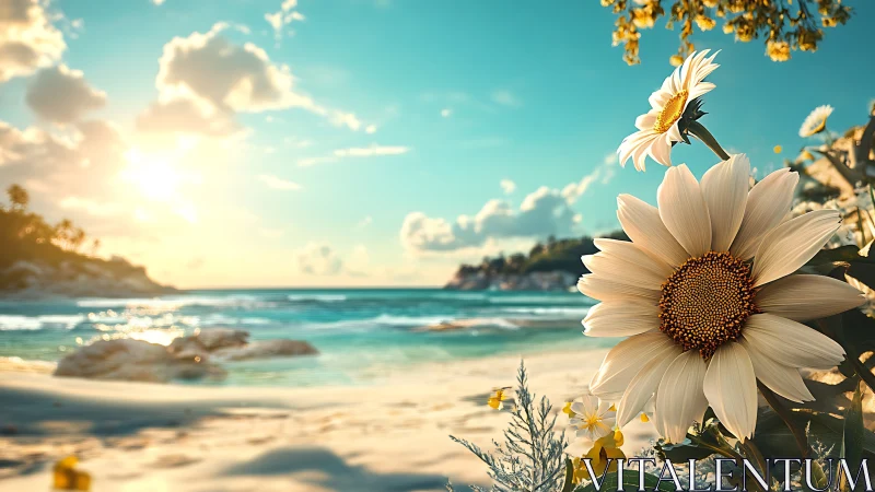 Sunlit coastal sunflowers under teal sky at golden hour.