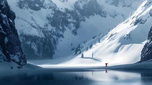 Solitary figure crosses frozen lake below steep snowy slopes