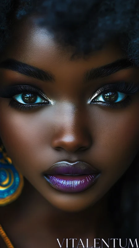 Hyperreal close-up portrait shows stylized dark-skinned woman