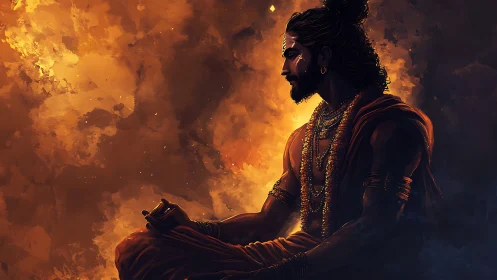 Meditating warrior sage in glowing orange light.