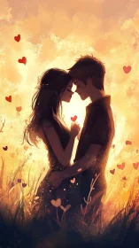 Romantic Couple Embracing in Golden Sunlit Field.