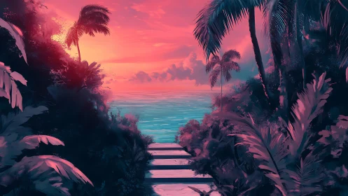 Tropical Seascape at Sunset with Palm Fronds.