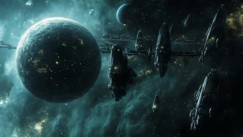 Orbital dreadnought armada encircling mineral-scarred exoplanet.