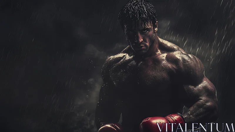 Boxer in rain with red gloves, dramatic lighting against dark backdrop