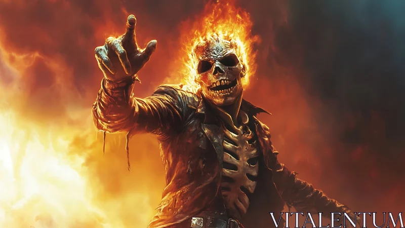 Flaming skeletal biker reaches forward amid dense fire plume
