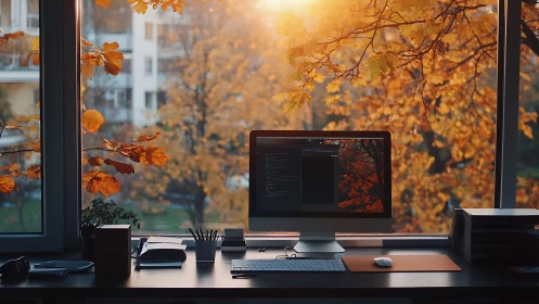 Autumn-lit home office workstation with coding monitor and window view