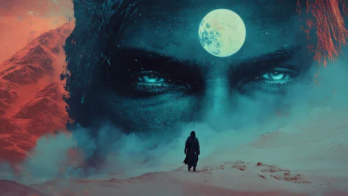 Moonlit desert wanderer under colossal cosmic gaze.