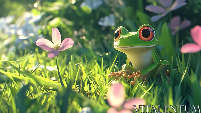 Green tree frog in sunlit grass with pink wildflowers.