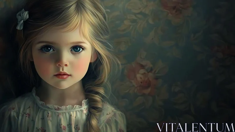 Softly lit girl with braid gazes against floral wall.