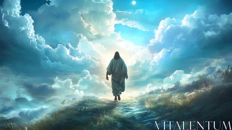 Lone robed wanderer ascending a sunlit heavenward path.