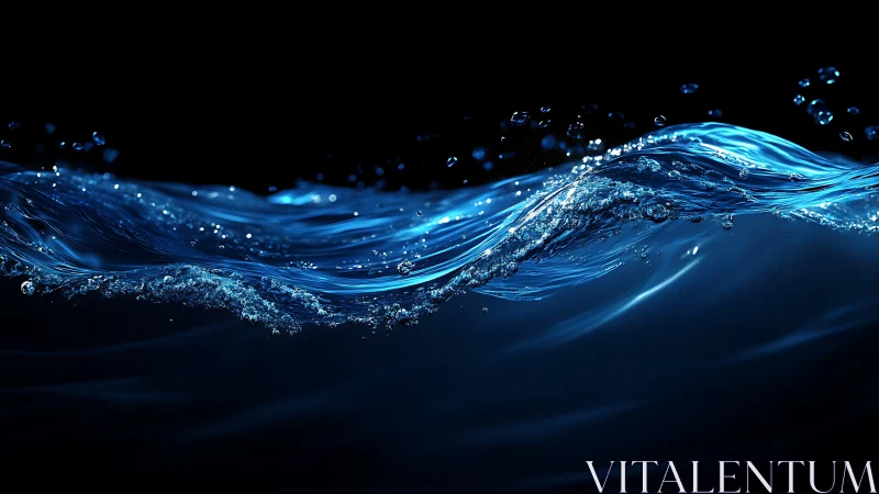 Luminous blue water wave flowing through dark void.