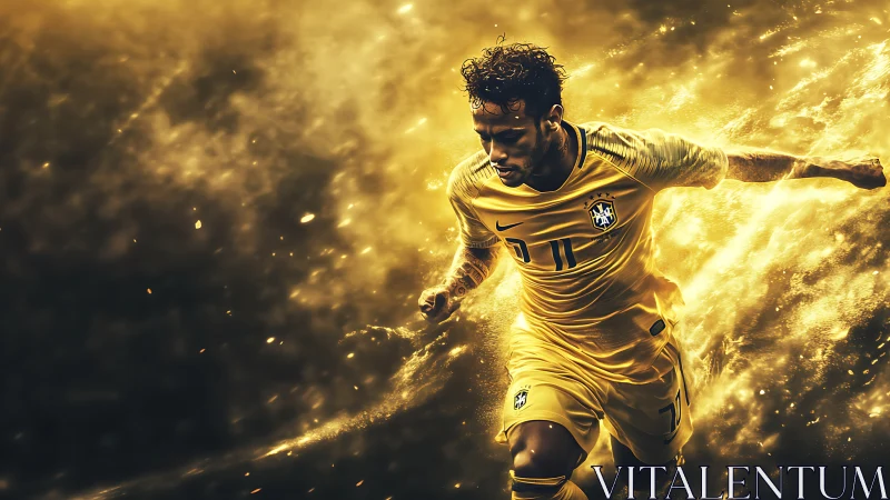 Kinetic Brazilian forward rendered in molten golden motion field.