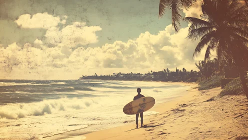 Sunlit surfer pauses on a dreamy palm-lined shoreline.