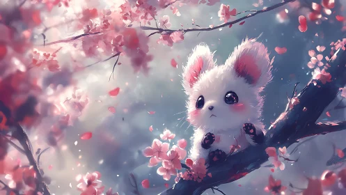 Fluffy chibi creature gazes dreamily amid soft sakura bloom