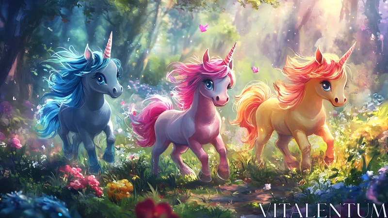 Joyful baby unicorns trot together through a glowing forest