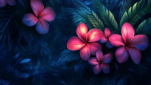 Digital Floral Composition with Gradient Lighting on Dark Foliage Background