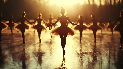 Silhouetted ballet dancers on reflective surface at sunset.