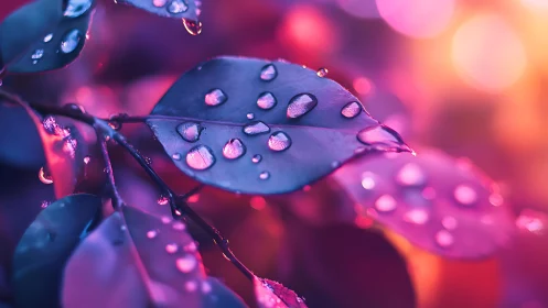 Iridescent raindrops rest on neon leaves at twilight