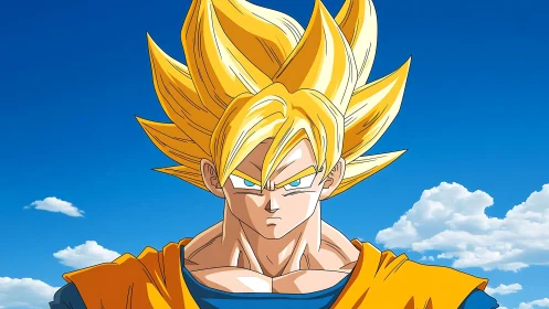 Cel-shaded anime warrior portrait under clear blue sky