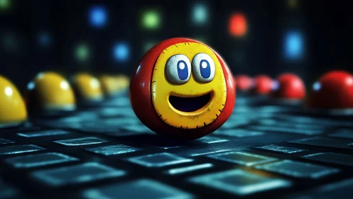 Smiling emoji sphere pops on neon-lit digital grid.
