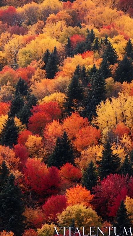 Dense hillside forest shows vivid autumn foliage gradient