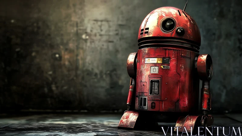 Red cylindrical robot stands on worn industrial floor
