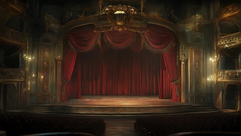 Ornate empty theater stage with closed red velvet curtains