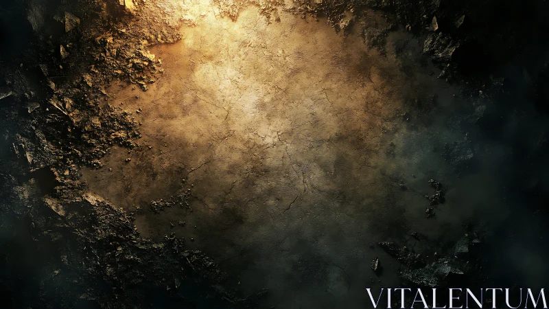 Rocky crater interior with central cracked ground surface.