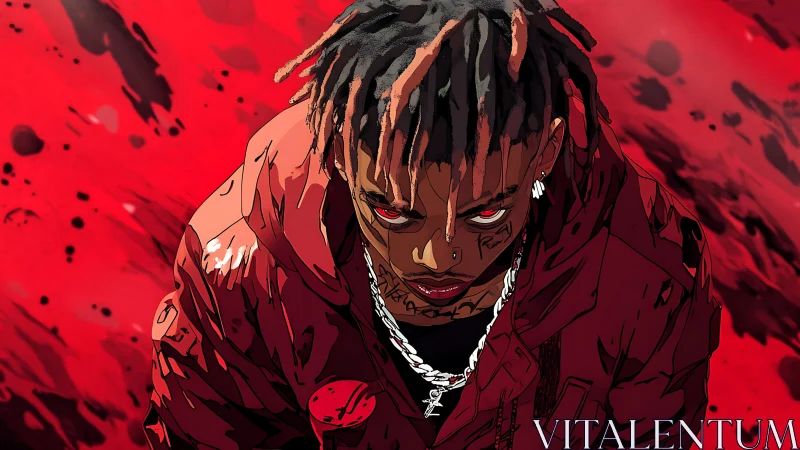 Intense red-tinted portrait with dynamic ink-splatter backdrop.