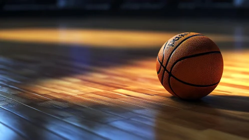 Basketball rests on polished court under warm spotlight