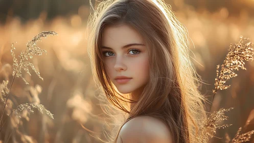 Young woman in sunlit field with warm backlighting effect.
