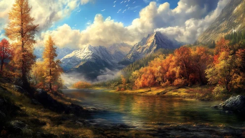 Autumn river valley under towering snowlit mountain peaks.