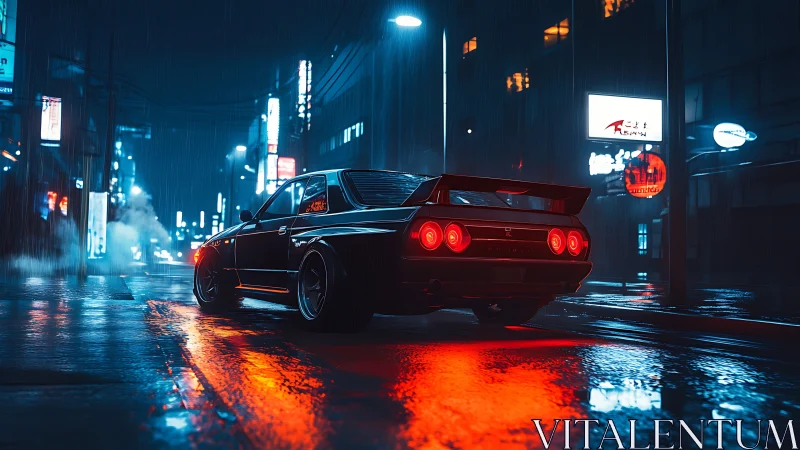 Neon-soaked skyline racer idles in rainlit midnight streets.