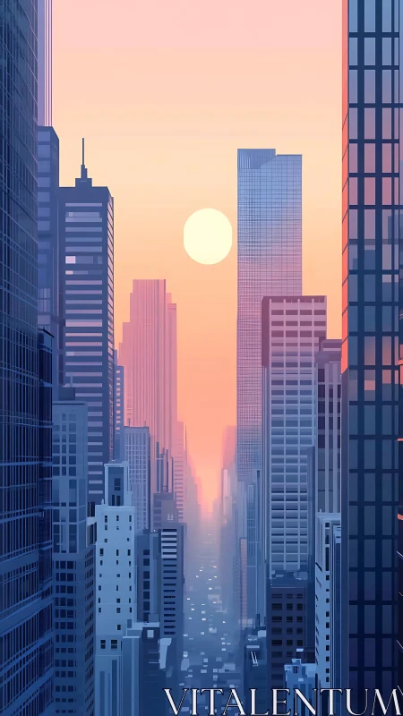 Soft sunrise over a quiet pastel city street canyon.