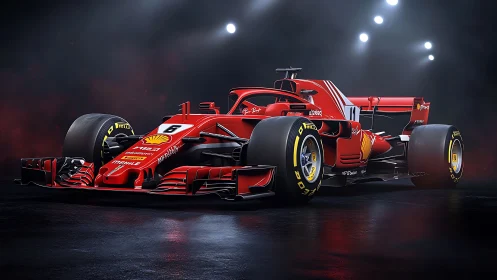 High-gloss red Formula race car under dramatic studio key lighting