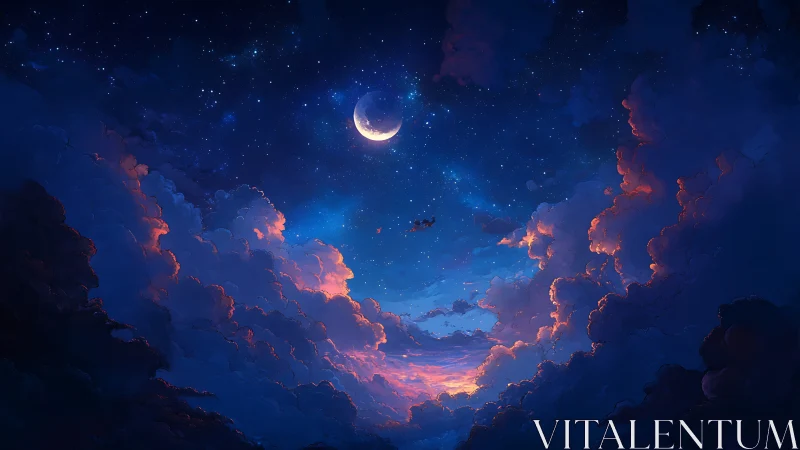 Crescent moon illuminates stratified nebular clouds at dusk