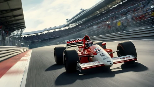 Red open-wheel race car at speed on modern circuit.