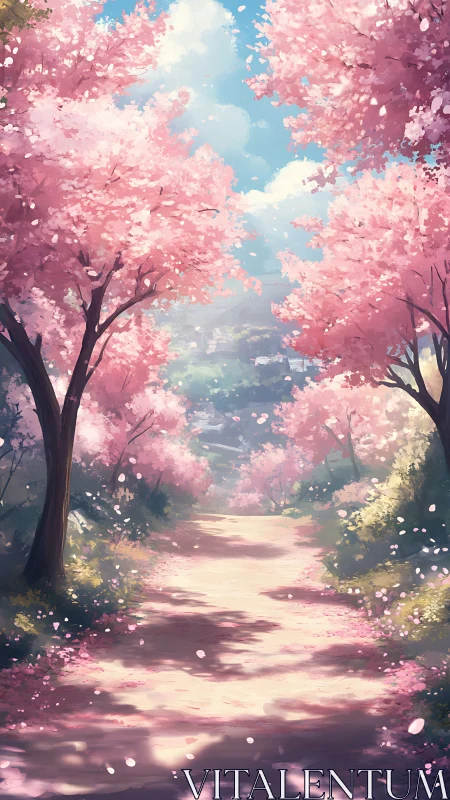 Sunlit cherry blossom path curves through tranquil valley