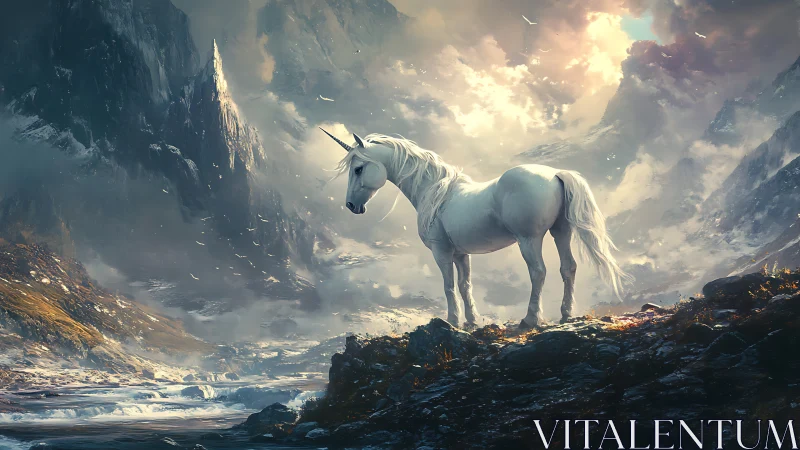 Majestic unicorn on stormlit alpine ridge, fantasy painting.