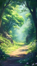 Enchanted Forest Path with Ethereal Golden Sunlight