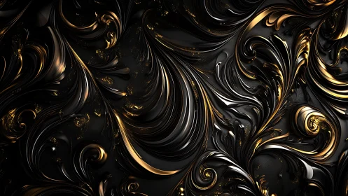 3D baroque metallic scrollwork with fluid black and gold forms.