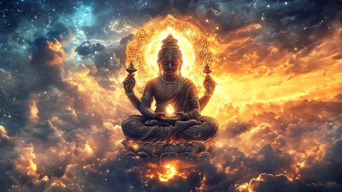 Celestial deity meditates amid radiant cosmic clouds.