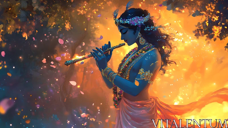 Blue-skinned figure playing flute amid illuminated foliage.