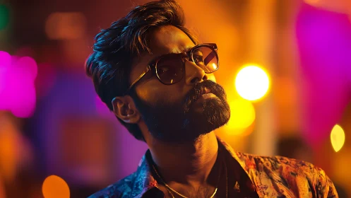 Neon-drenched rebel in cinematic city glow at midnight.