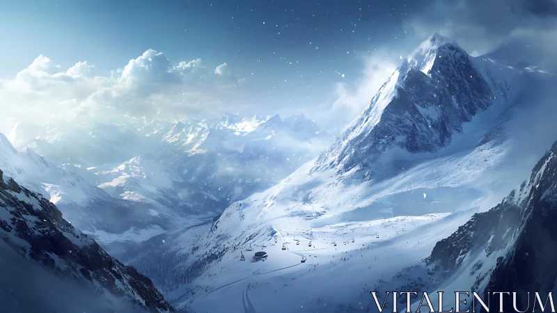 Snowy alpine peaks overlook a tranquil winter ski resort.