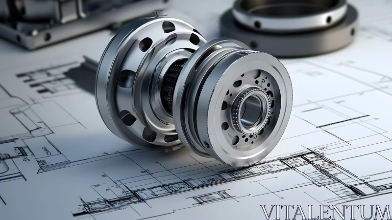 Cylindrical precision bearing assembly rendered on technical CAD blueprints