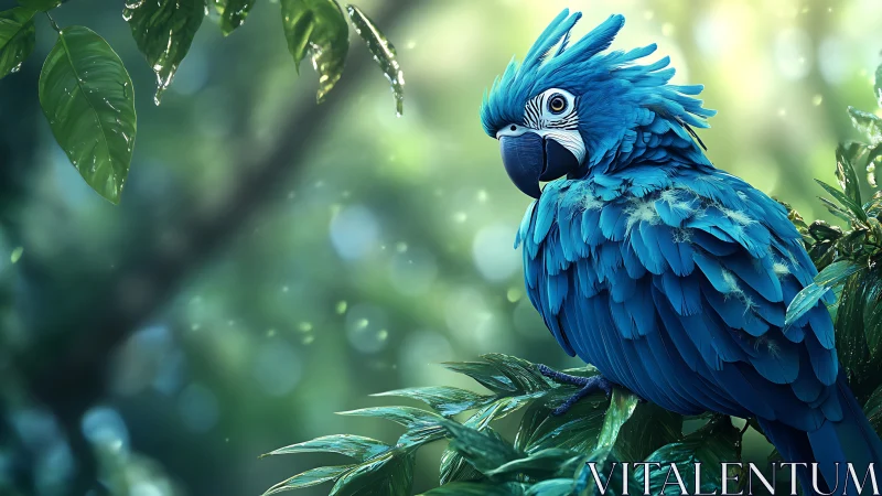 Vibrant Blue Parrot on Lush Green Branch, Photorealistic Style.