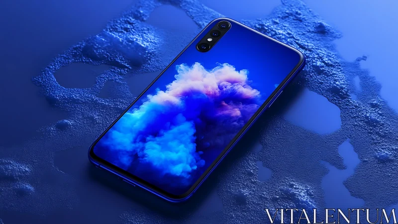 Blue smartphone rests in glowing light with dreamy cloud art