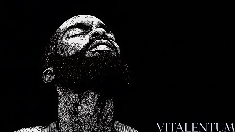 High-contrast ink portrait isolates upward gaze with dense hatching