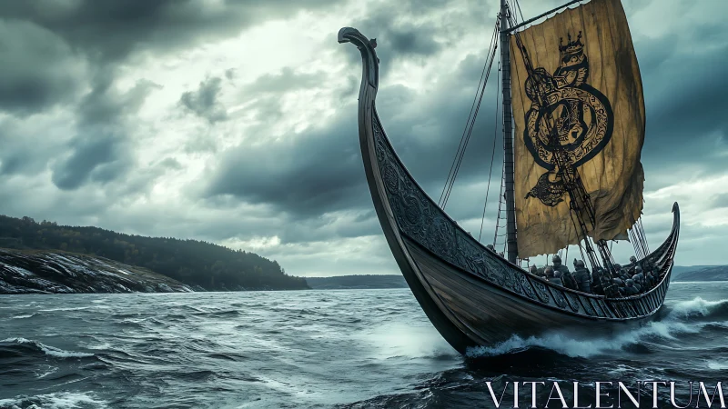 Viking longship under stormy North Sea sky, carved prow detail